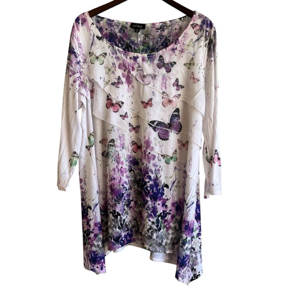Cal Style Womens Layered Butterfly Top Size XL Asymmetrical Artsy Rhinestones